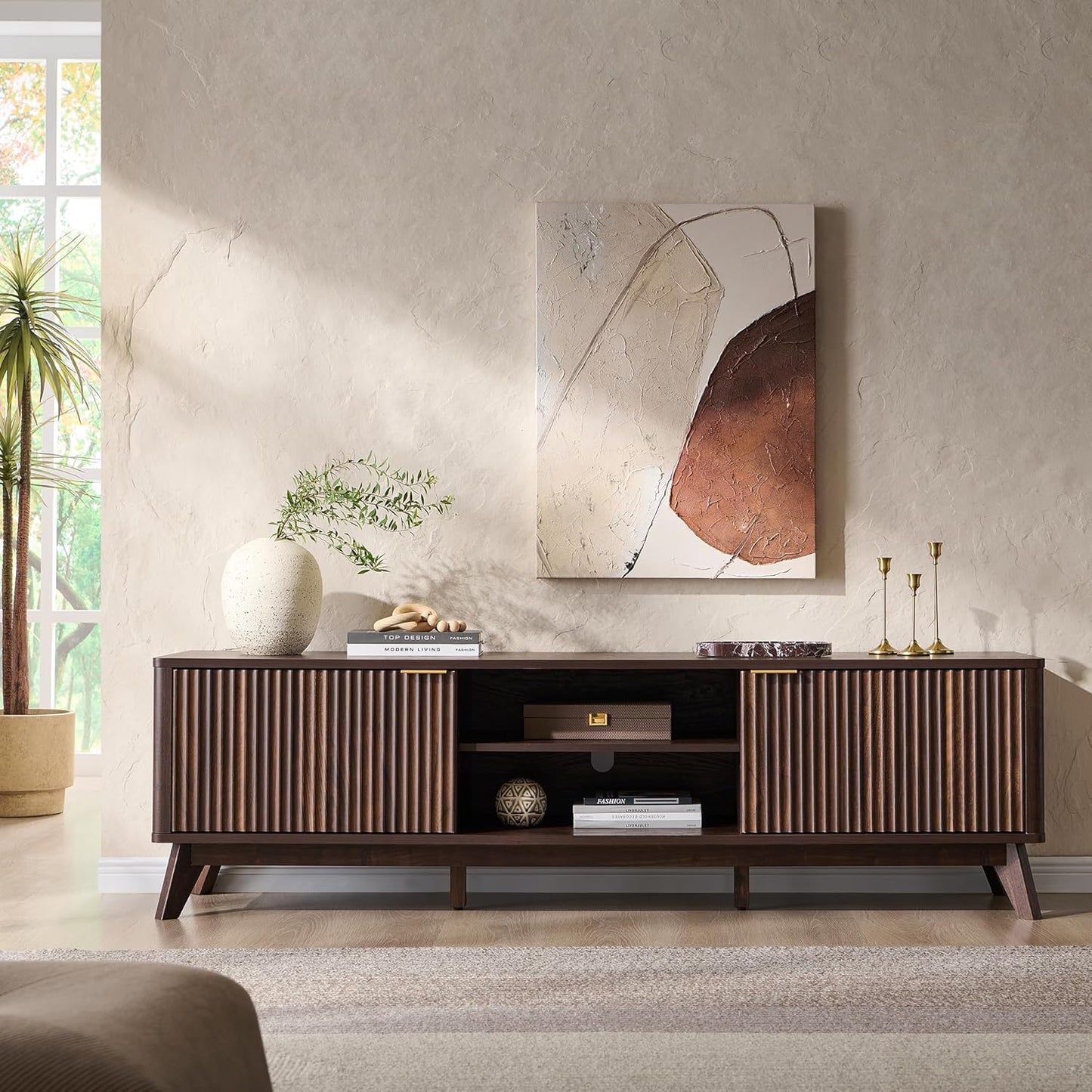 70" Mid Century Modern Fluted TV Stand, Entertainment Center, Sideboard, Media Console for Living Room with 2 Soft Close Door/Adjustable Shelves (Dark Walnut)