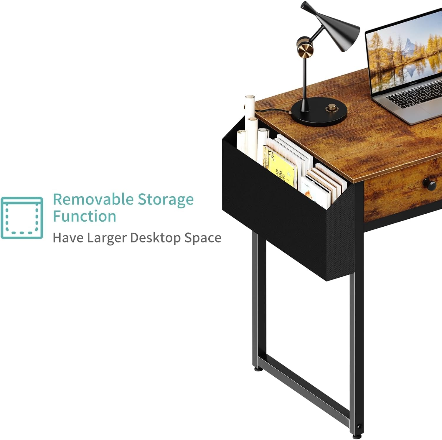 Small Computer Desk with 2 Drawers for Bedroom, 31 Inch Home Office Desk with Storage Fabric Drawer and Bag, Study Writing Table for Small Spaces, Rustic Brown