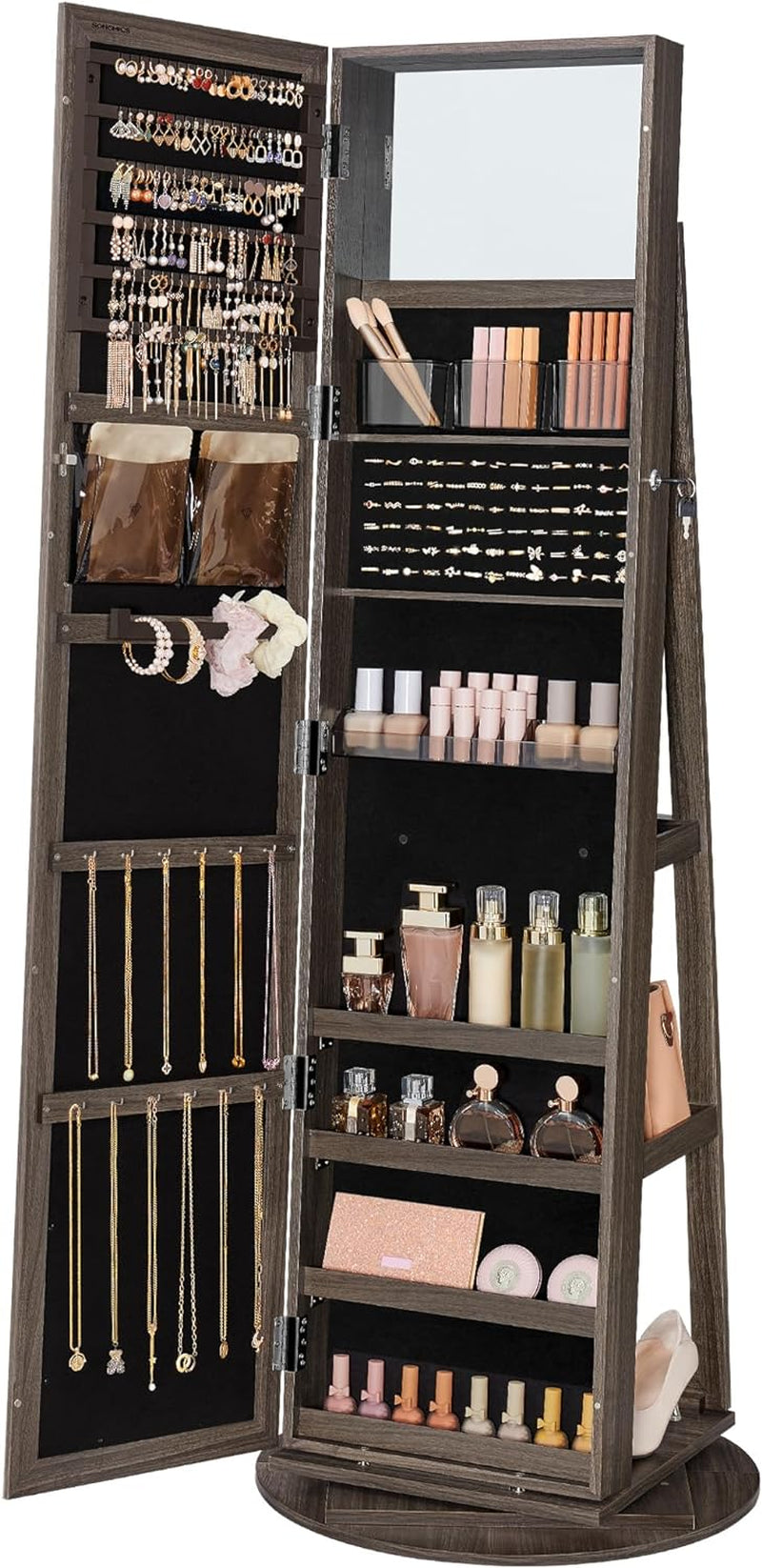 360° Swivel Jewelry Cabinet, Lockable Jewelry Organizer with Full-Length Mirror, Rear Storage Shelves, Interior Mirror, Jewelry Armoire, Gift Idea, Rustic Brown UJJC006X01