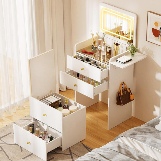 Makeup Vanity Desk with Mirror and Lights, Small 3 in 1 Vanity Table with Visible Glass Top, Flip Top & 3 Drawers, Compact Dresser with Storage Stool for Bedroom, Office or Nightstand