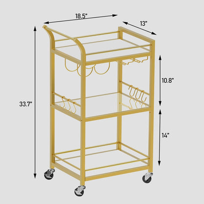 Bar Cart, Home Bar Serving Cart with 3-Tier Mirrored Shelf, Wine Cart, Mobile Kitchen Shelf, Gold BC01BB034