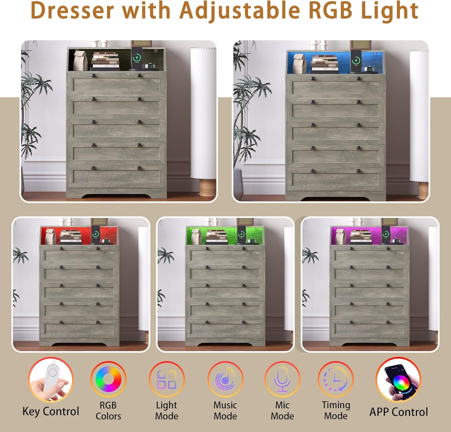 Grey Dresser Tall 5 Drawer Dresser for Bedroom, Wood Chest of Drawers with LED Lights, Charging Station, Metal Handles, Modern Storage Cabinet and Organizer Drawers for Living Room, Hallway
