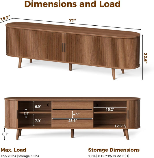 TV Stand for Living Room, 71" Mid Century Modern Entertainment Center W/Curved Edge for 55/60/65 Inch TV, Media Consol with Sliding Door Drawers and Open Shelves for Bedroom Living Room
