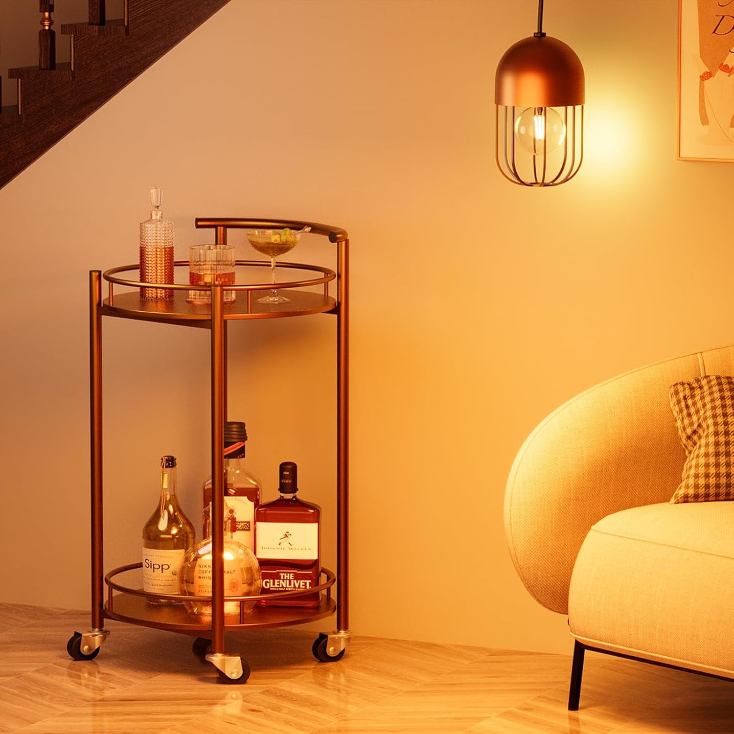 Bar Cart Gold Rolling Cart for Home,2 Tiers Bar Serving Cart round Wine Cart with Handle, Metal Wine Rack and Casters, Serving Bar Trolley for Home Kitchen,Living Room,Christmas,New Year