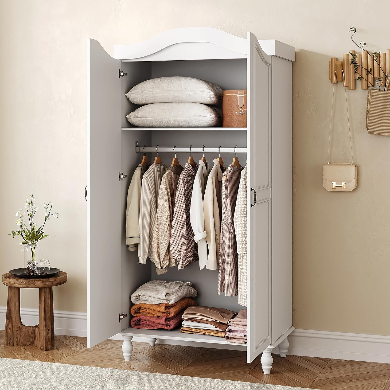 Arched Armoire Wardrobe Closet with 2 Doors, 71" H Wooden Wardrobe Cabinet with Hanging Rod and Shelves, Freestanding Armoire Storage Cabinet for Bedroom, Cloak Room, White