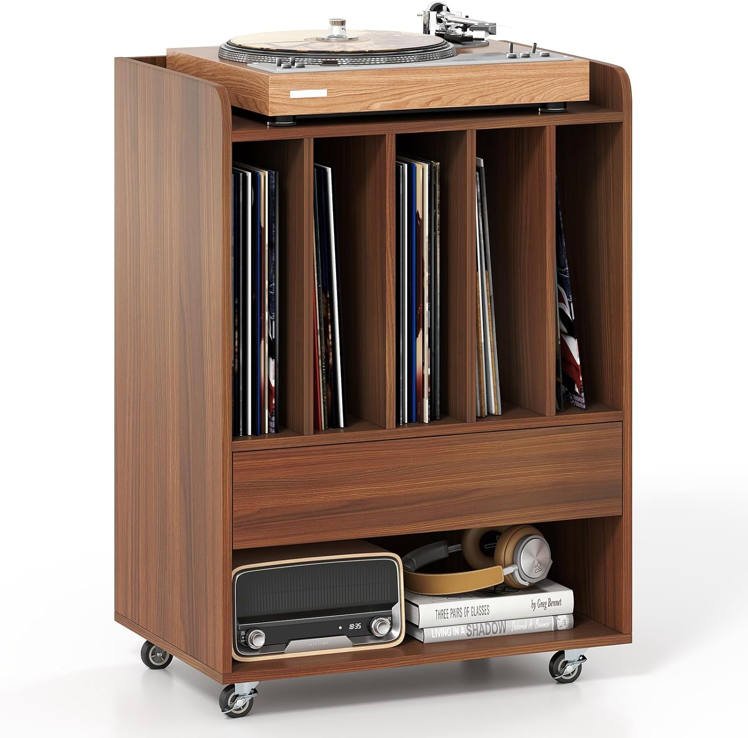 Record Player Stand, Rolling Turntable Stand with Drawer & Lockable Wheels, Record Player Table Holds up to 150 Albums, Vinyl Record Storage for Living Room Bedroom, Walnut
