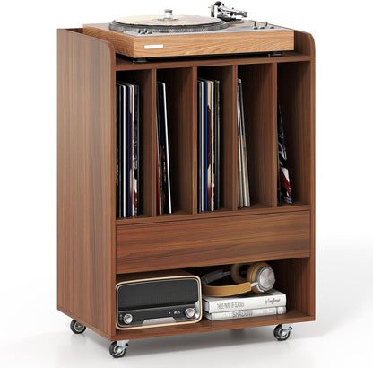 Record Player Stand, Rolling Turntable Stand with Drawer & Lockable Wheels, Record Player Table Holds up to 150 Albums, Vinyl Record Storage for Living Room Bedroom, Walnut