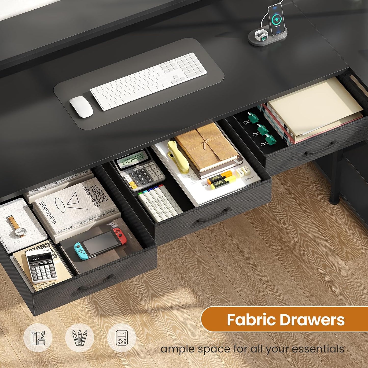 55" L Shaped Gaming Desk, Gaming Desk with Hutch & Drawers, Corner Computer Desk with Shelves and Storage, Reversible L Shaped Desk with LED Lights, Power Outlets, Monitor Stand, Black