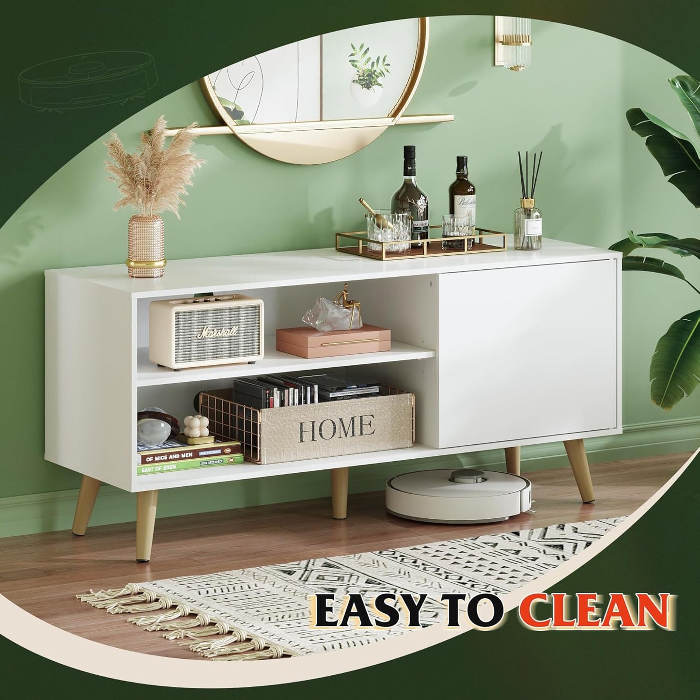 TV Stand for 55 Inch Tvs, Entertainment Center with Storage Cabinet, Mid-Century TV Stands for Living Room and Bedroom, 50" TV Console, White