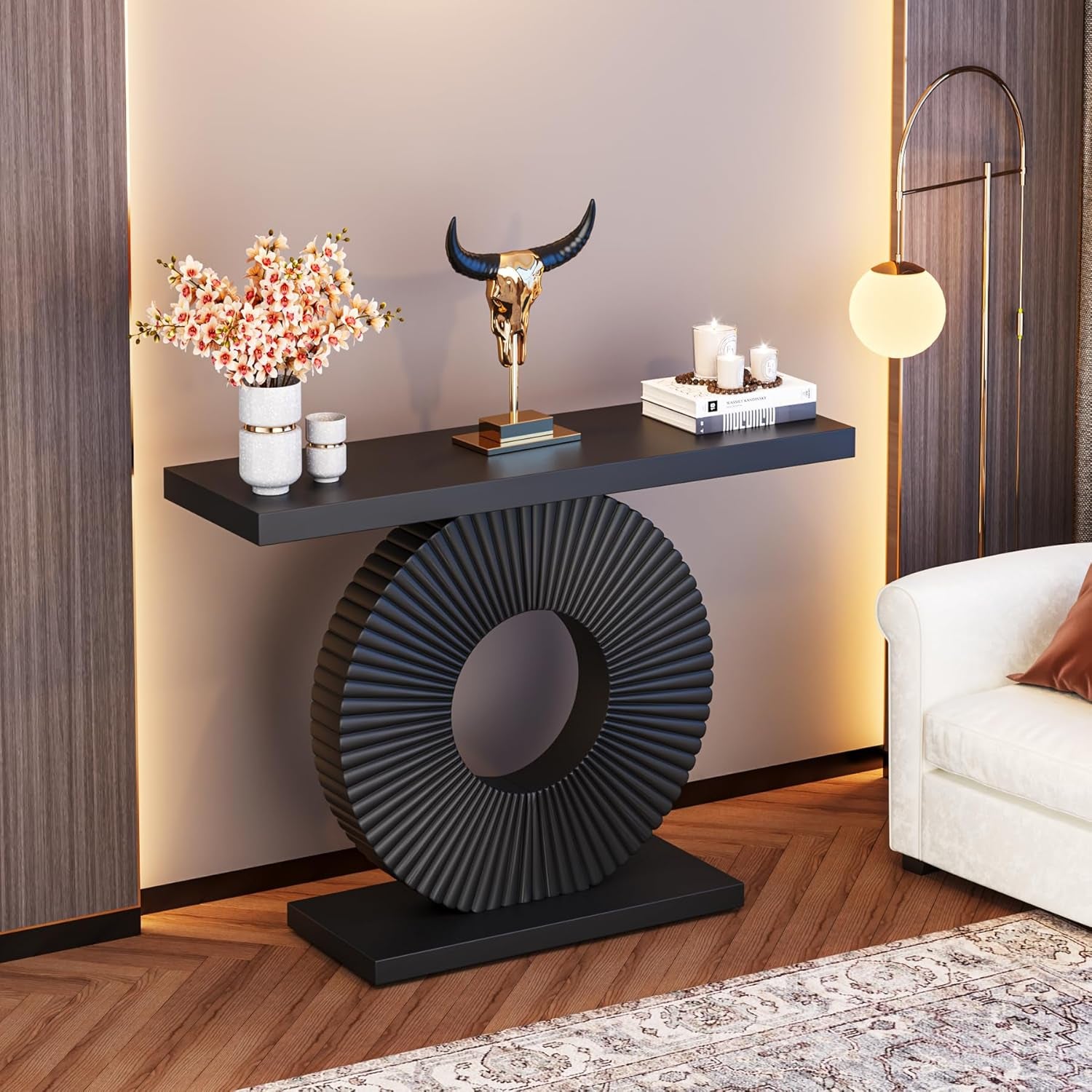 Modern Console Table with Geometric Base, 40 Inch Wood Entryway Table Sofa Table Narrow Long, Contemporary Accent Table for Living Room, Entryway, Hallway, Black