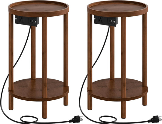 Set of 2 Small round Side Tables with Charging Station, 2-Tier round Bamboo End Tables, Easy Assembly, for Living Room, Bedroom, Apartment, Mocha MA156UBZP201