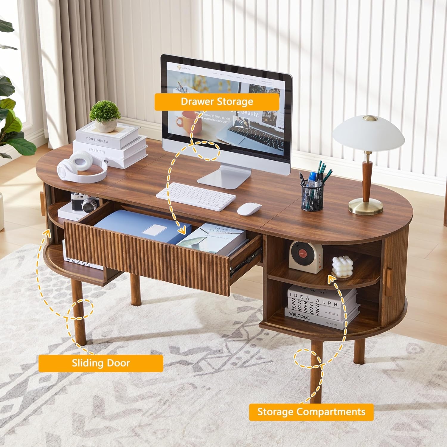 Home Office Oval Desk with Sliding Tambour Door and Drawer, Modern Fluted Wood Executive Computer Storage Desk for Study, Living Room, Bedroom, Office - Walnut