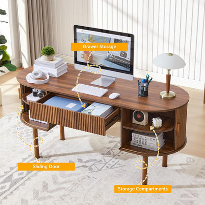 Home Office Oval Desk with Sliding Tambour Door and Drawer, Modern Fluted Wood Executive Computer Storage Desk for Study, Living Room, Bedroom, Office - Walnut