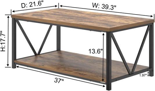 Modern Coffee Table, Industrial Metal and Wood Living Room Table with Storage Shelf, Rustic Brown