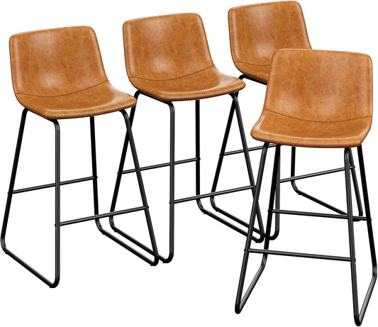 Bar Stools Set of 4, PU Leather Counter Height Bar Stools, 26" Modern Barstools with Metal Legs and Footrest, Urban Armless Dining Chairs with Backrest for Kitchen Island (Brown)