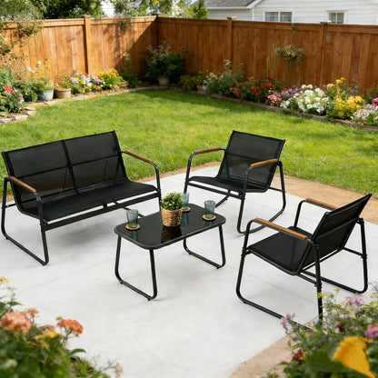 4-Piece Outdoor Patio Furniture Set with Textilene Chairs, Metal Conversation Set, Tempered Glass Coffee Table, Powder-Coated Steel Frame for Garden, Poolside, Backyard Black