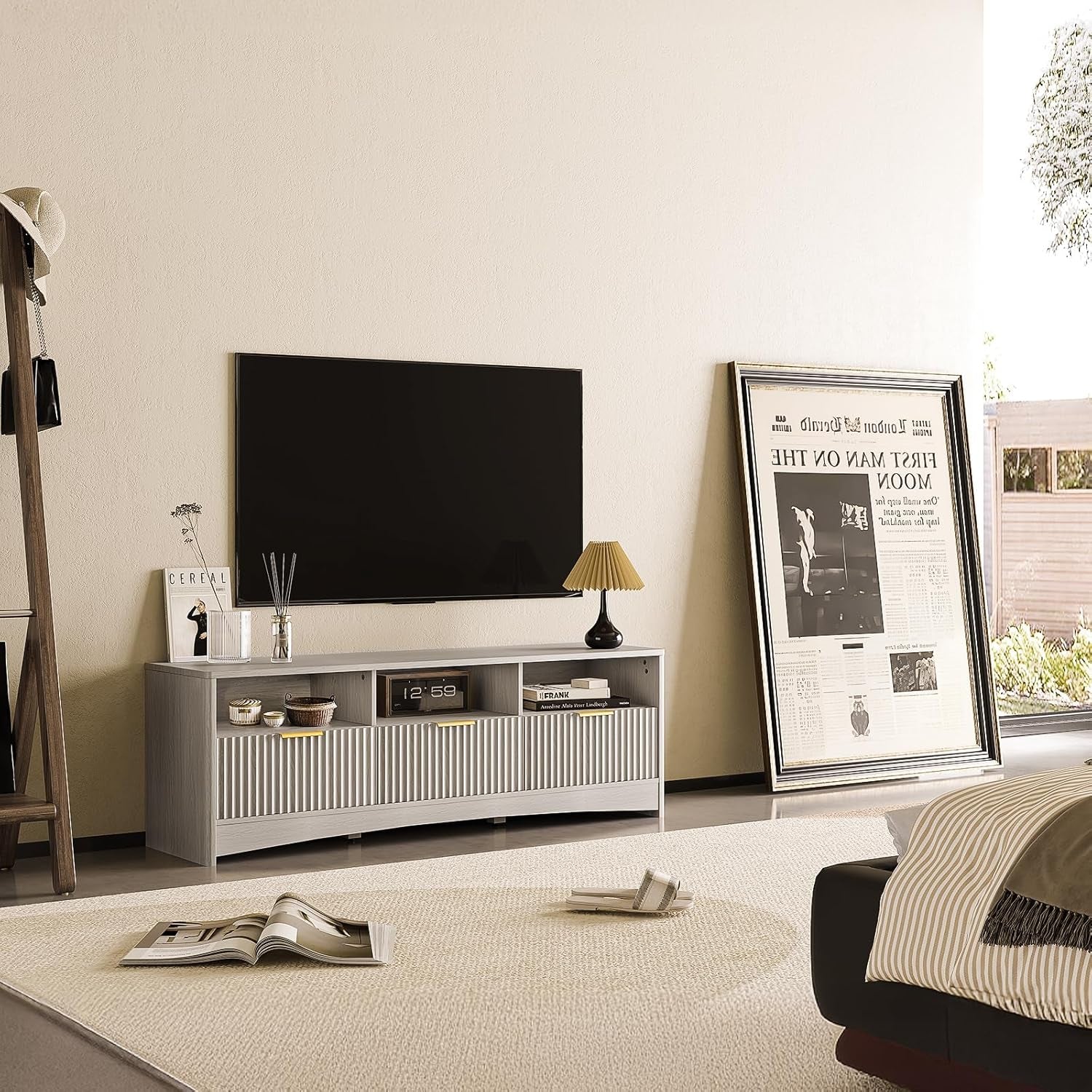 Amada TV Stand for 50-65" TV, Fluted Modern TV Stand Entertainment Center with Drawers and Open Shelf, Waveform Panel, Sleek Curved Profile Media TV Console Table for Living Room, Bedroom, Grey