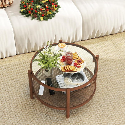 Rattan Coffee Table, Boho round Glass Tea Table with PE Rattan Storage Shelf & Wood Frame, 2 Tier Accent Center Table for Living Room, Apartment, Small Space