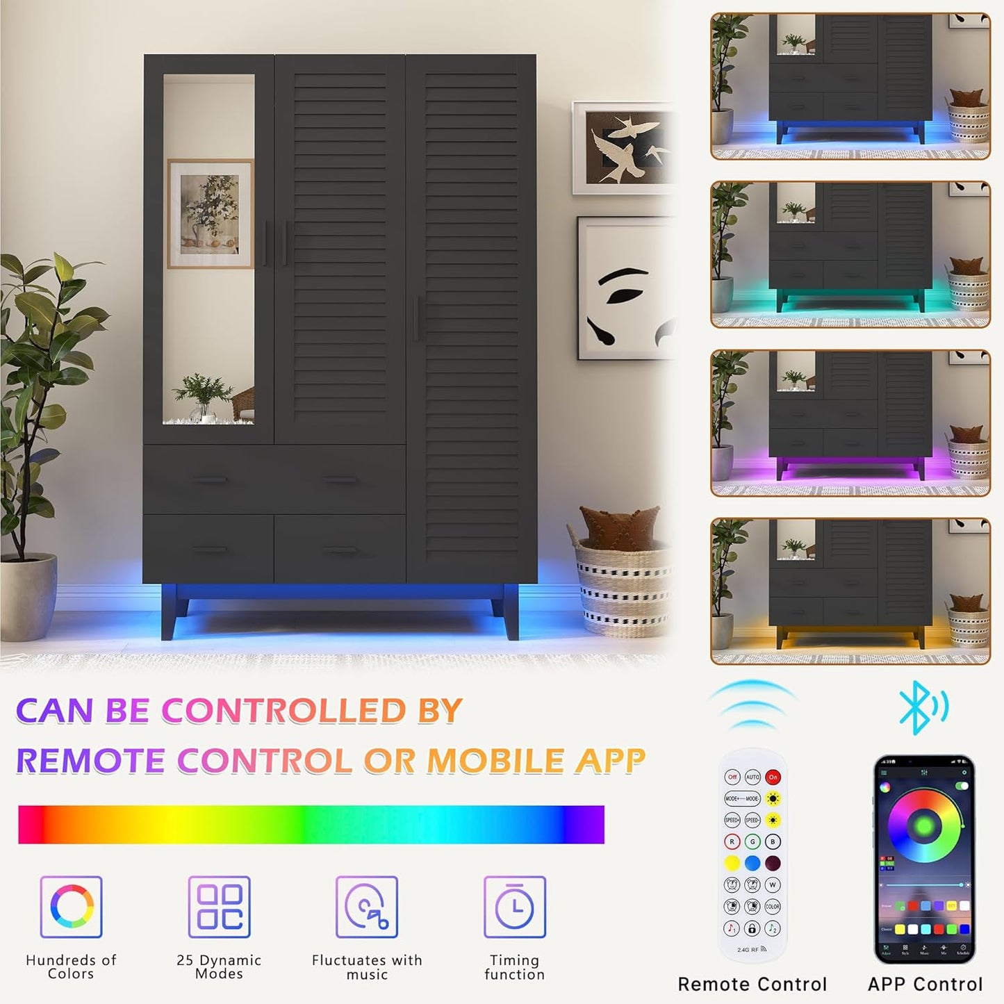 3 Door Armoire Wardrobe Closet Cabinet with Drawers and LED Lights, Multi-Tier Shelves, Hanging Rod & 3 Louver Doors, Large Capacity Storage Wardrobe Armoire for Bedroom(3 Doors Black)