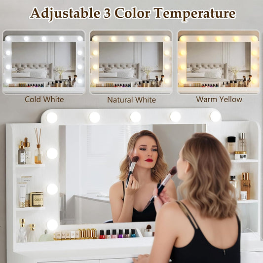 Makeup Vanity Desk with Lights, 45.5" Large Vanity with Mirror and Lights in 3 Models, Vanity with Power Outlet, Vanity Desk with 5 Drawers, 2 Cabinets, Shelves for Bedroom, White