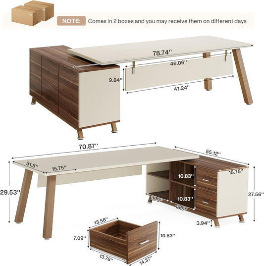 78.7" L-Shaped Executive Desk, Modern Office Desk with File Drawers & Storage Shelves, Large Computer Desk with 55-Inch Cabinet, Business Workstation for Home Office, Beige & Walnut