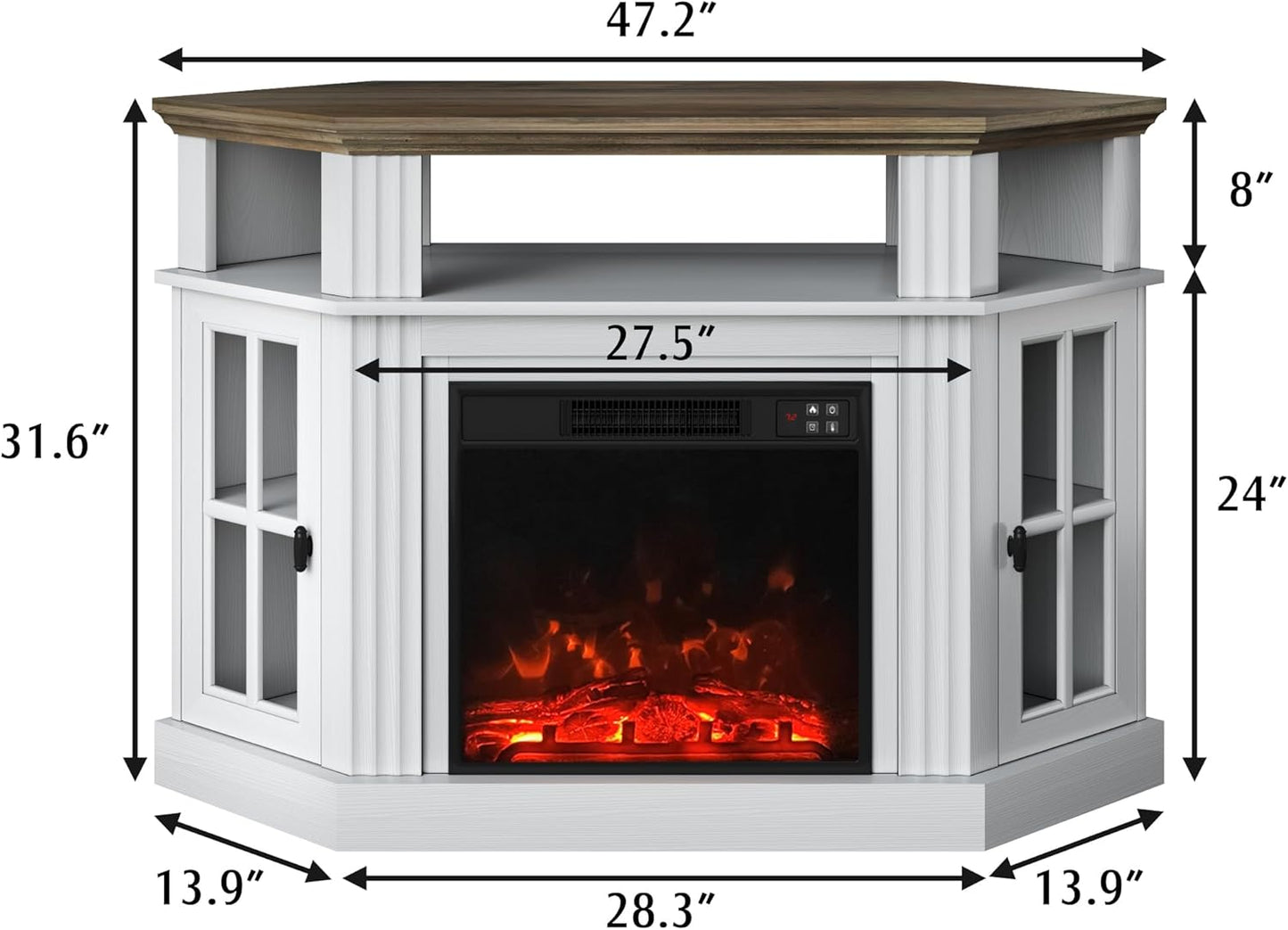 Corner Fireplace TV Stand for Television up to 55" with Storage Cabinets, Entertainment Center, Media Console for Living Room, Bedroom, White＆Rustic