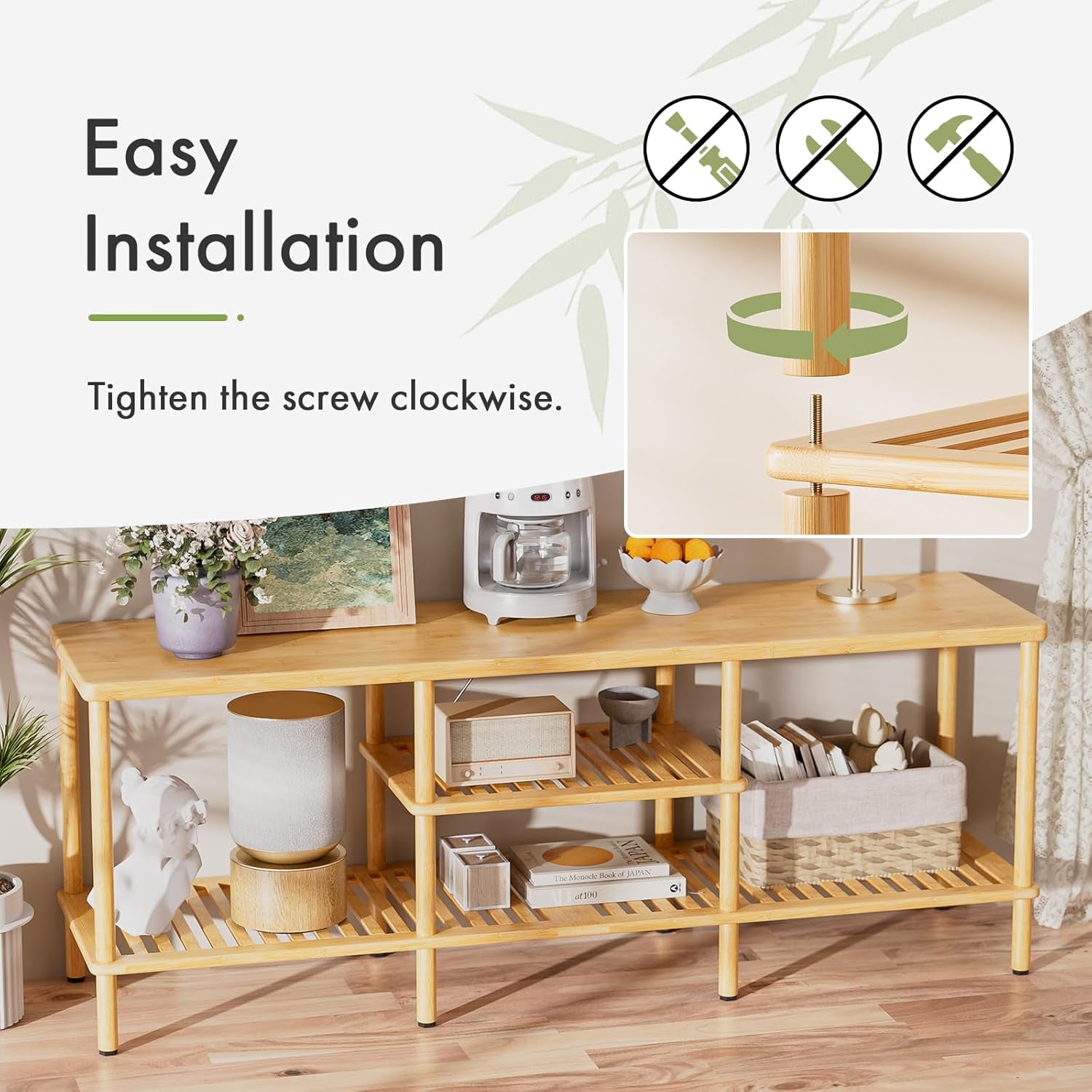 Bamboo TV Stand for 60 65 Inch TV, Entertainment Center with 3 Tier Open Storage Shelf, Wood TV Table for Living Room, Bedroom