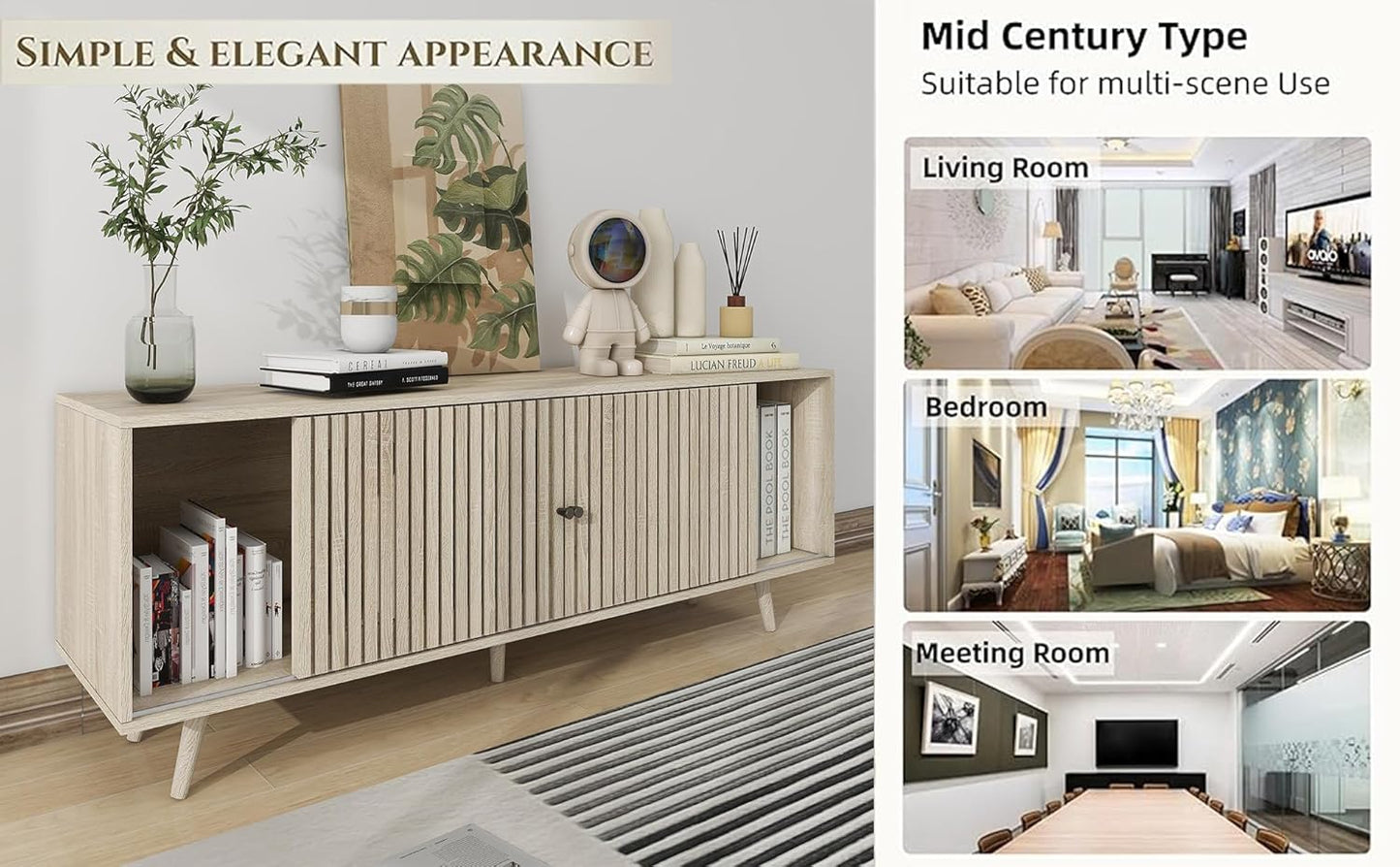 Mid Century Modern TV Stand for Tvs up to 70 In, with Sliding Doors and Open Shelf, Entertainment Center with Storage, Media Console for Living Room, Natural