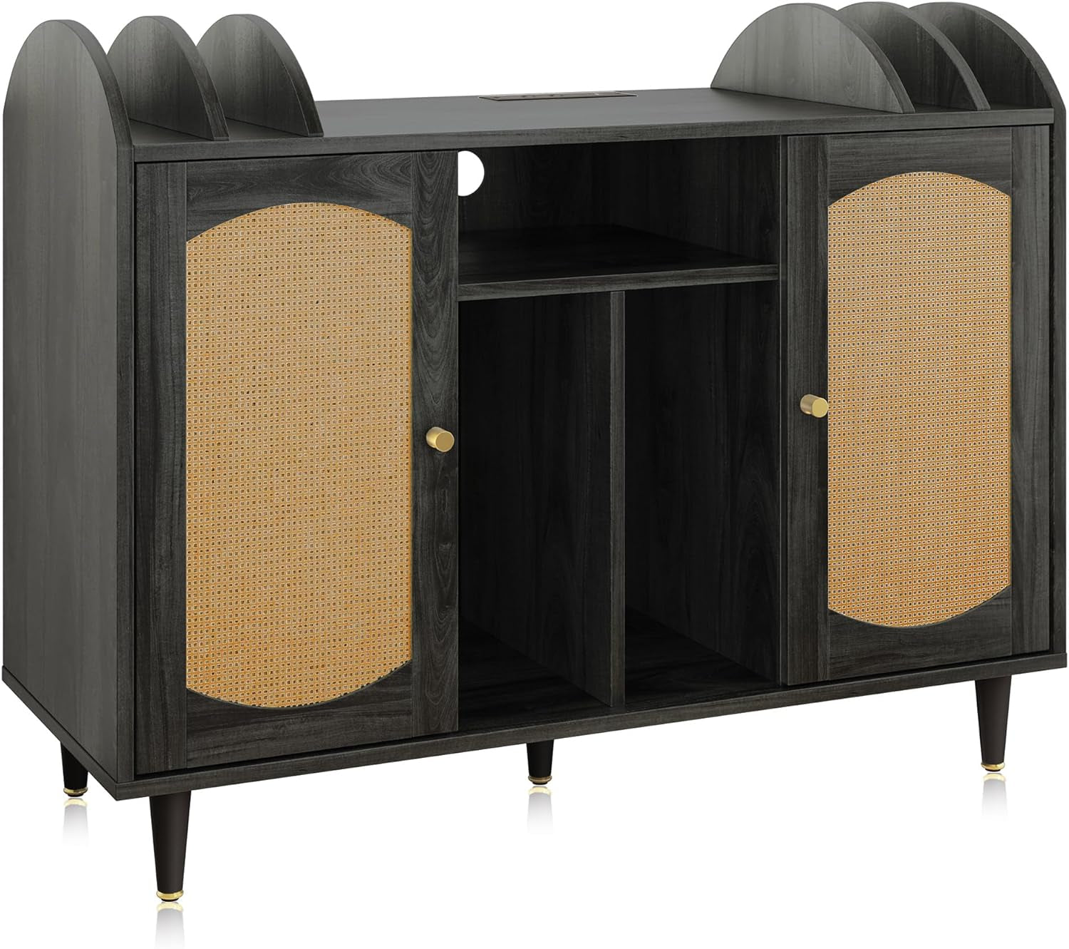 Mid-Century Record Player Stand, Vinyl Record Storage Cabinet Holds up to 350+ Albums, Rattern Decorated Turntable Stand with Power Outlet for Living Room, Office - Brown