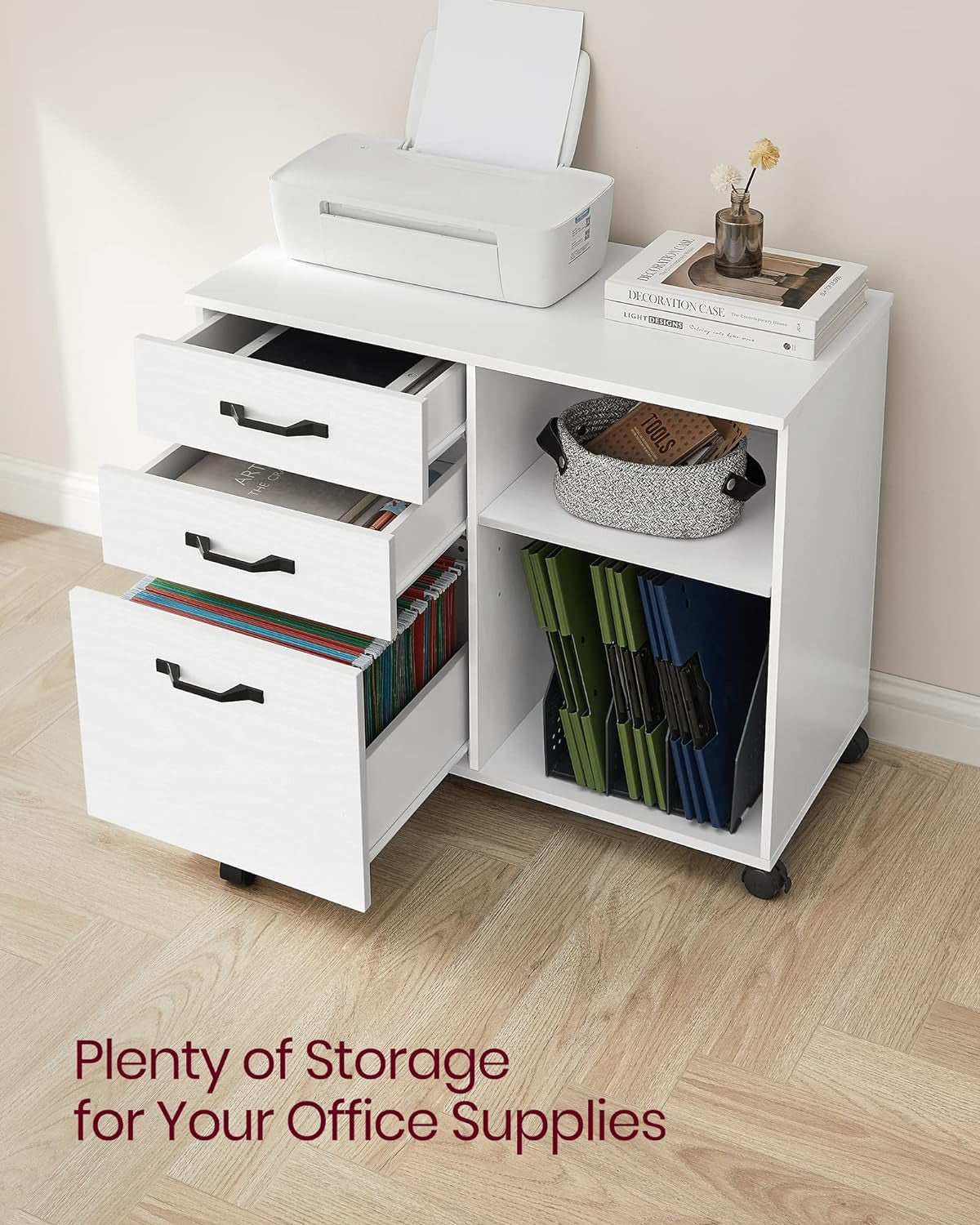 Lateral File Cabinet, Home Office Printer Stand, 3-Drawer Mobile Filing Cabinet with Open Storage Shelves, for A4, Letter-Size Files, White with Wood Grain UOFC041W46