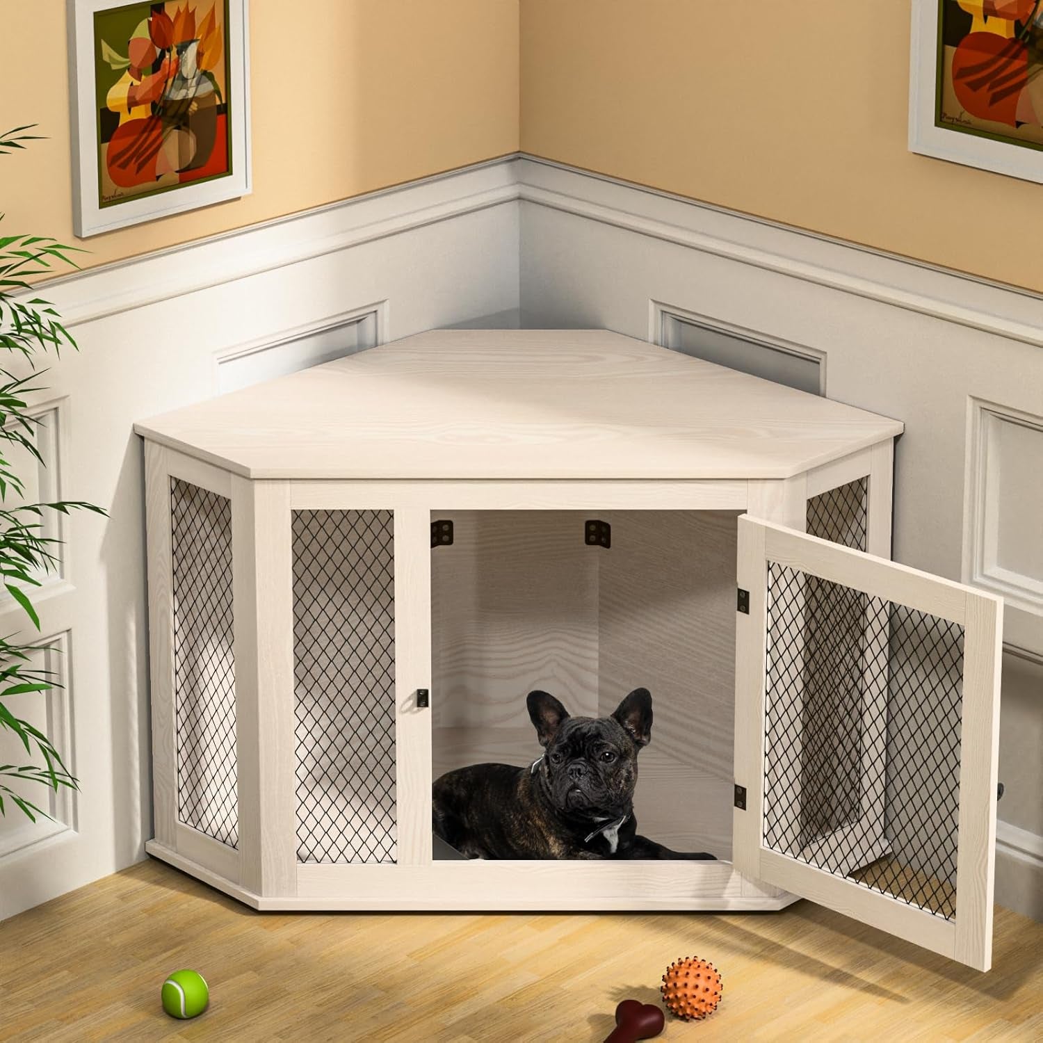 Corner Dog Crate Furniture, 44" Wooden Dog Kennel Furniture End Table with Mesh, Dog Kennel Indoor Furniture for Small Medium Dogs, Modern Decorative Wood Pet House Dog Cage Crate, White