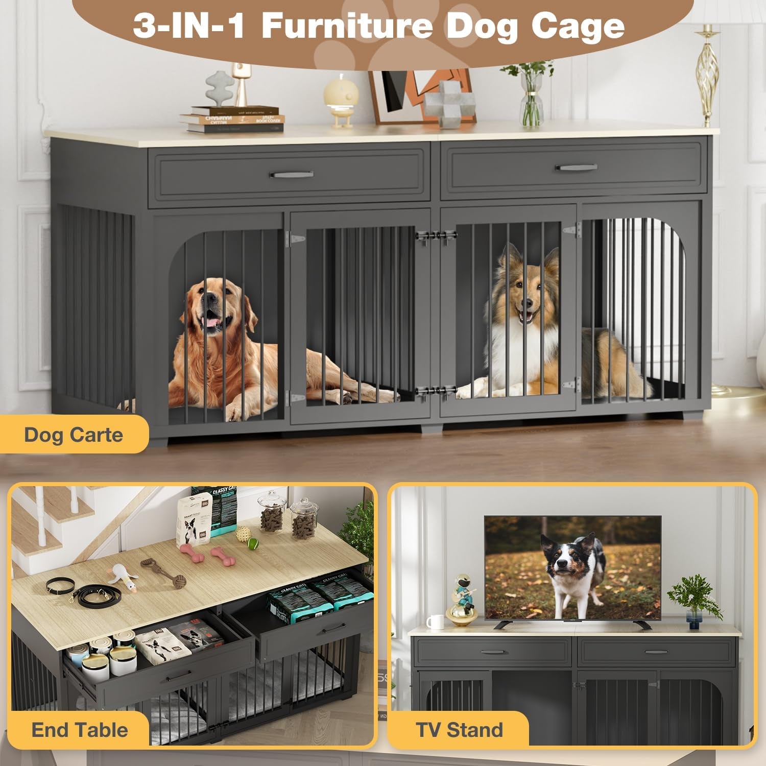 74.8'' Dog Crate Furniture, Wooden Dog Crate with 2 Drawers and Removable Divider, Heavy Duty Dog Kennel Indoor TV Stand for Small Large Medium Dogs, White