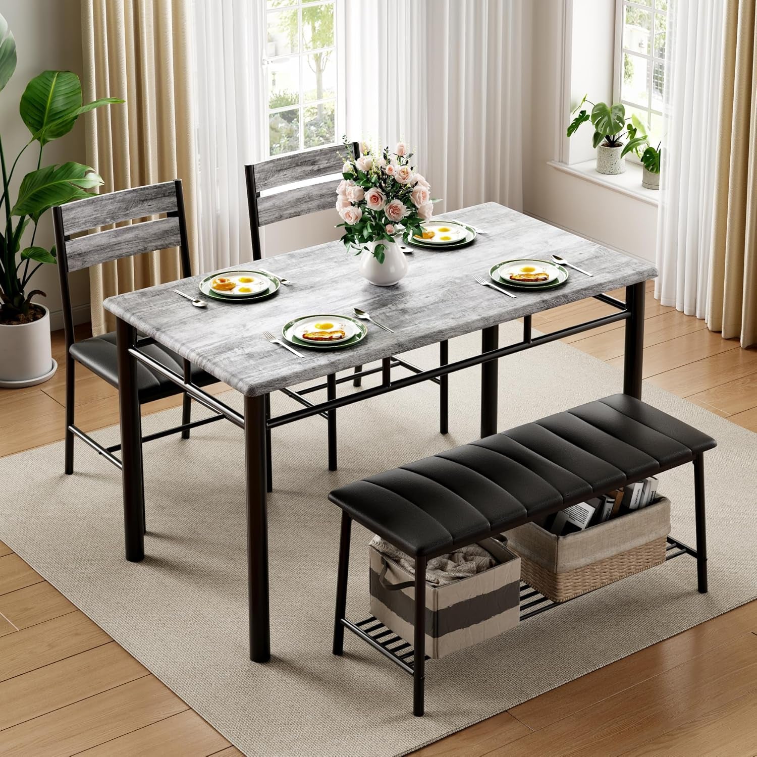Dining Table Set for 4, Kitchen Table with Upholstered Bench and 2 Chairs, Kitchen Table and Chairs Set for Small Space, Apartment, Gray