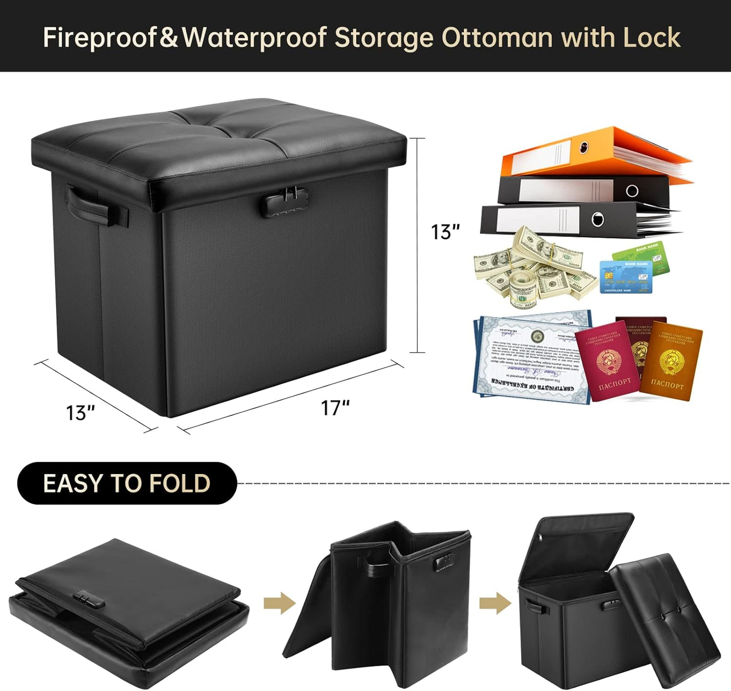 Storage Ottoman with Lock,Fireproof Folding Ottoman Foot Rest Stool Storage Chest with Storage Safe for Important Documents,Waterproof 17 Inches Short Ottoman Foot Stool with Handles,Black
