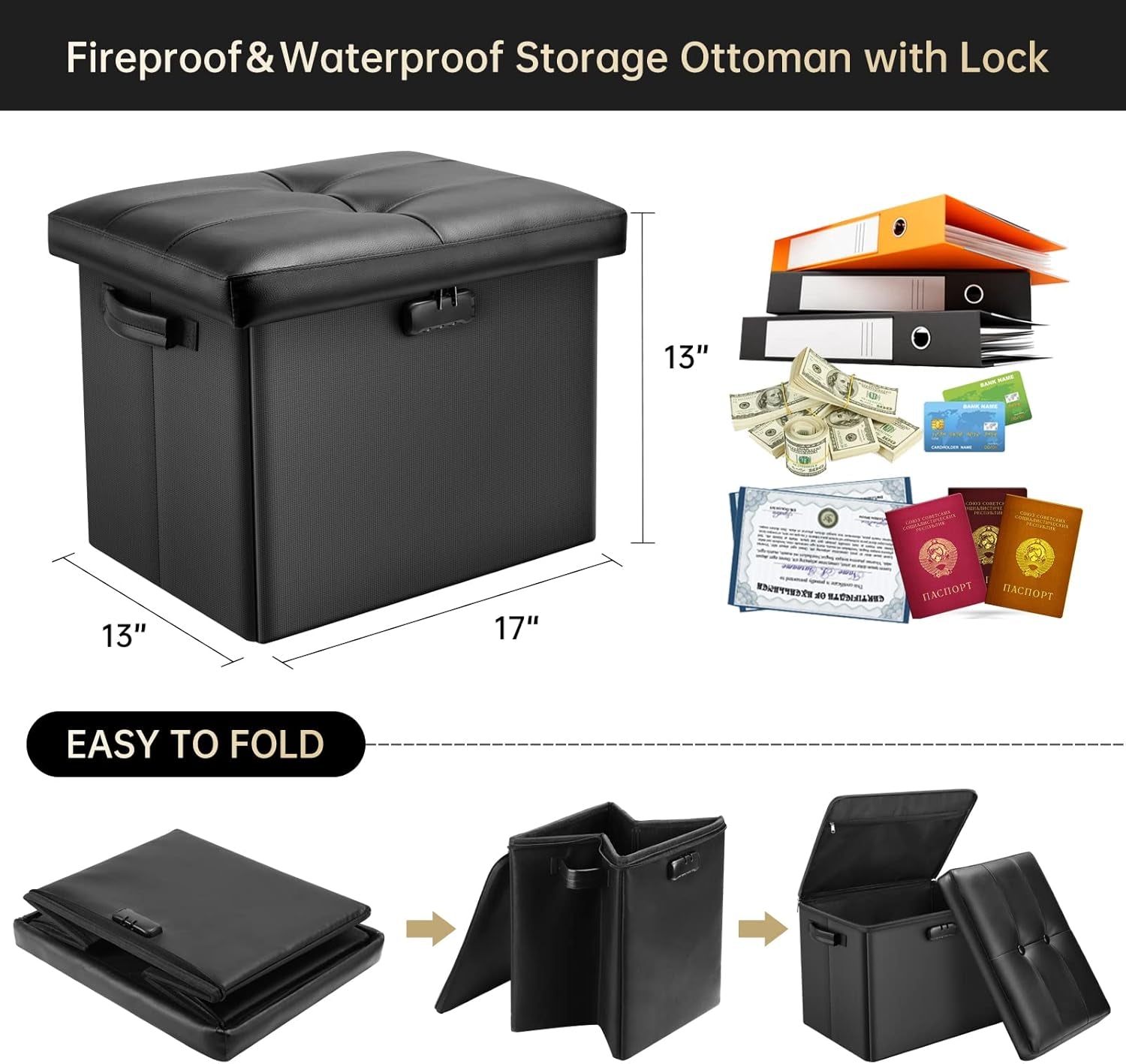 Storage Ottoman with Lock,Fireproof Folding Ottoman Foot Rest Stool Storage Chest with Storage Safe for Important Documents,Waterproof 17 Inches Short Ottoman Foot Stool with Handles,Black