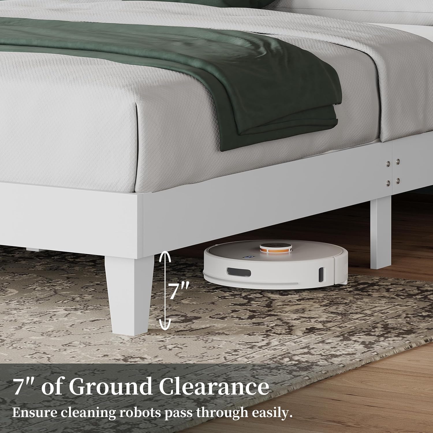 Wood Bed Queen, Farmhouse White Rubberwood Platform Bed Frame with V-Designed Headboard, Sturdy Wooden Support Slats, Holds up to 800 Pounds, Noise-Free, Easy Assembly