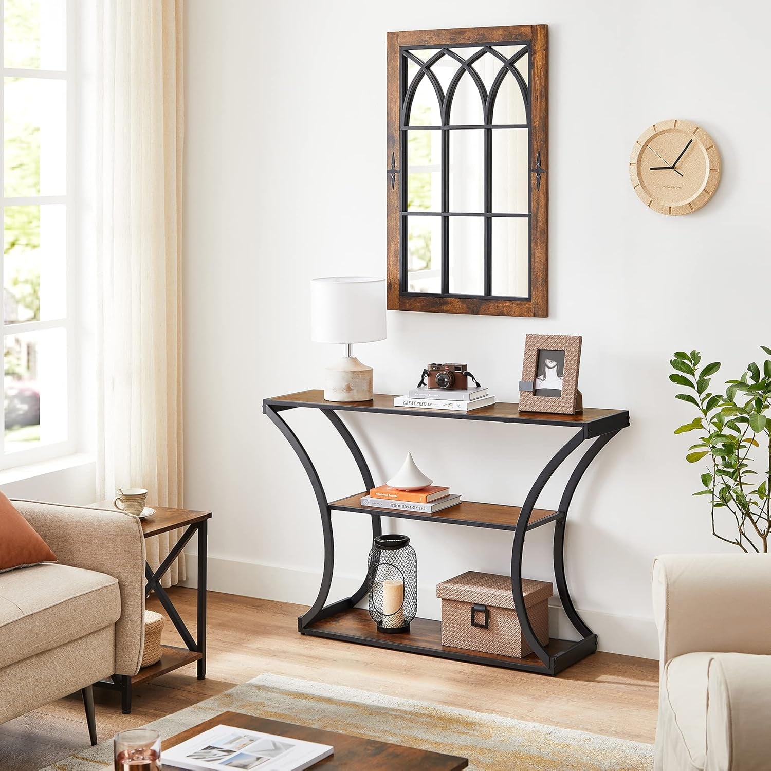 Console Table with Curved Frames and 2 Open Shelves, for Hallway Entryway Living Room, Rustic Brown + Black, 11.8 X 47.2 X 31.5 Inches