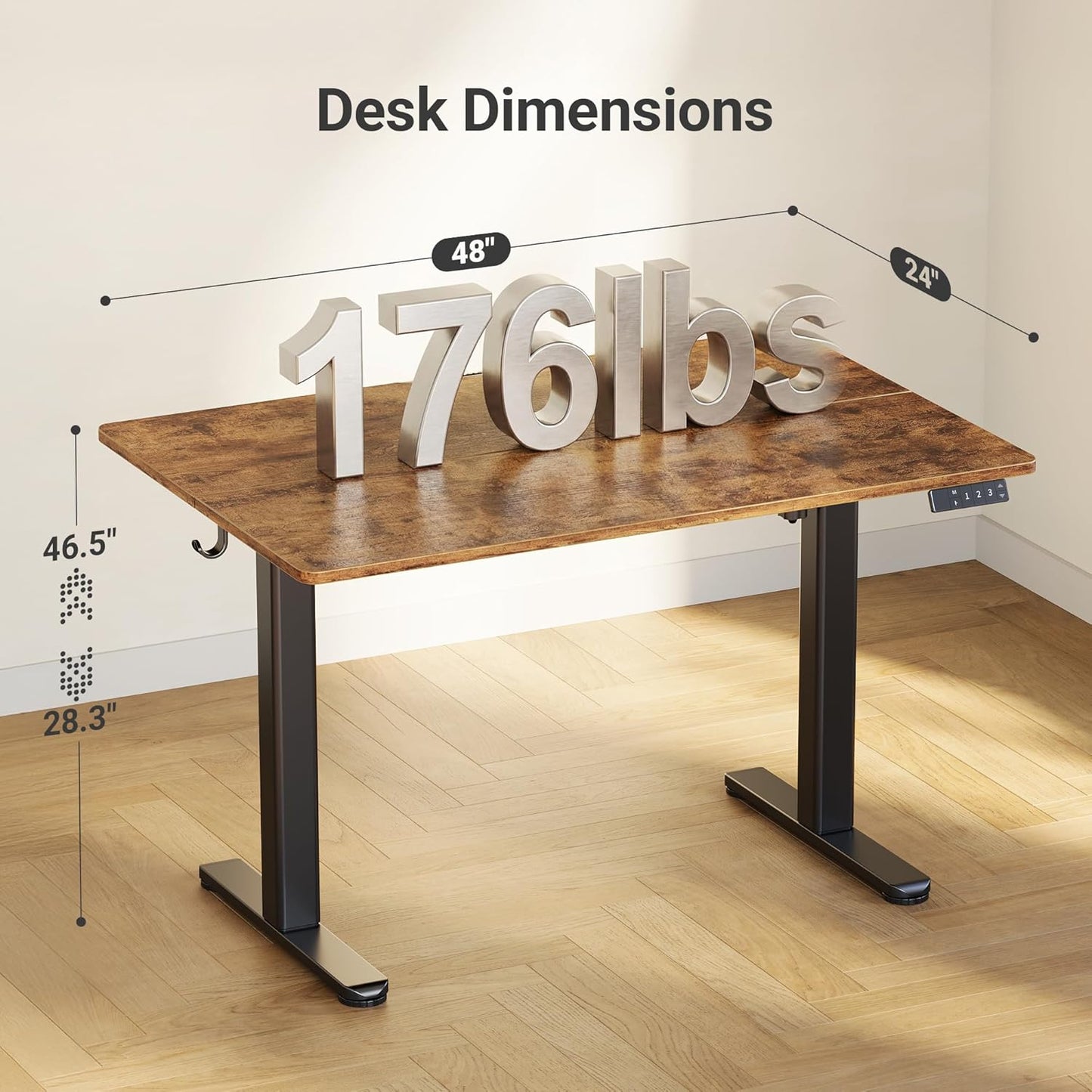 Electric Standing Desk, Adjustable Height Stand up Desk, 24X48 Inches Sit Stand Home Office Desk with Splice Board, Black Frame/Rustic Brown Top