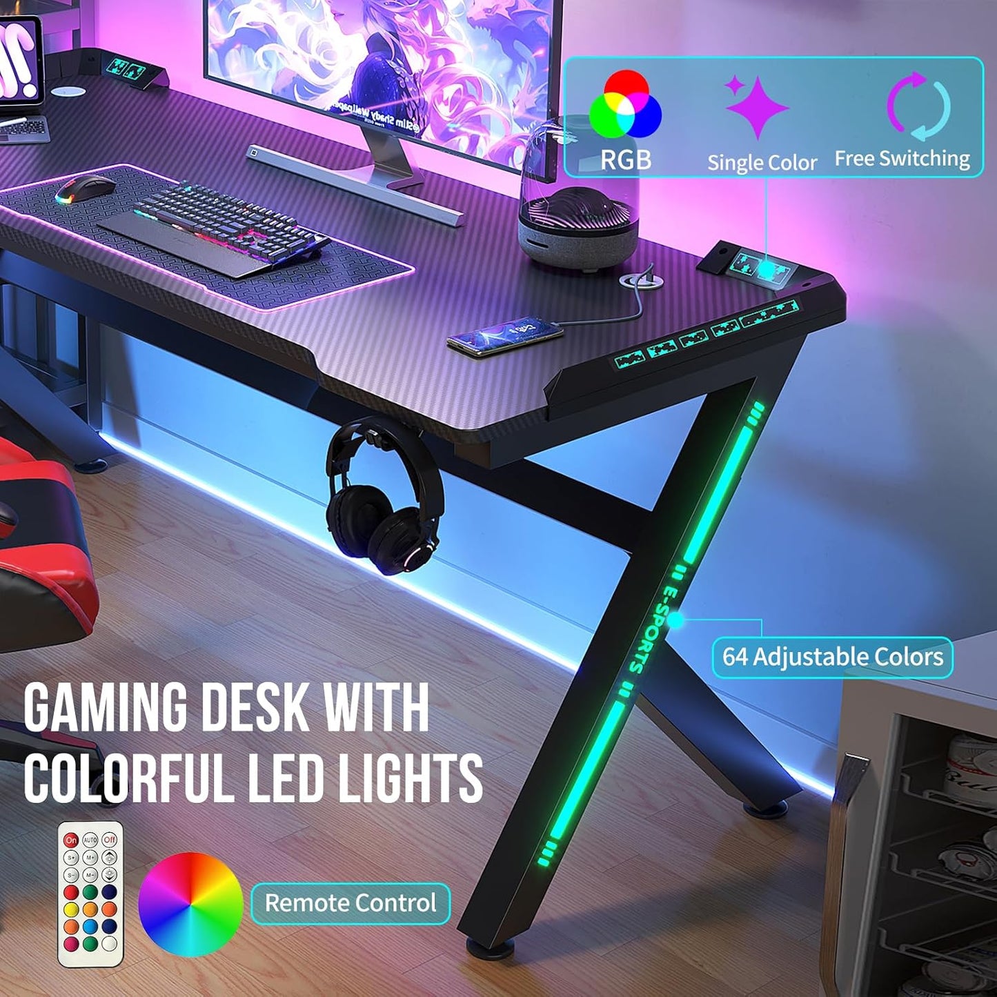 Gaming Desk, 47'' Computer Desk, Gaming Desk W/Carbon Fiber Desktop & 3D-Printed Relief Patterns, Home Office Desks W/Ergonomic Design, Computer Desks W/Cup & Headphone Holder, Cable Organizer