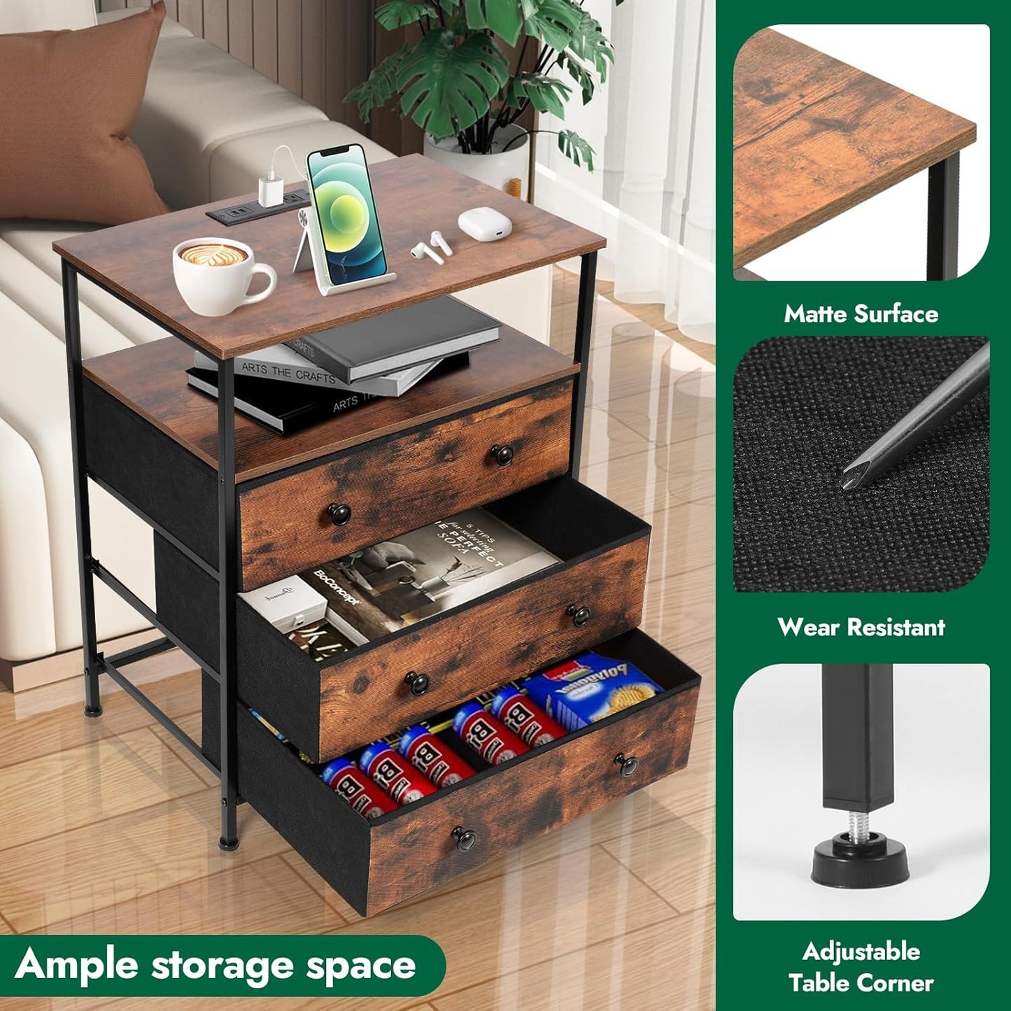 3 Drawers Dresser with Charging Station, 24 Inch Wide LED Night Stand with Adjustable Fabric Drawer, Nightstand with Storage Shelf for Living Room/Bedroom/Office, Rustic Brown.