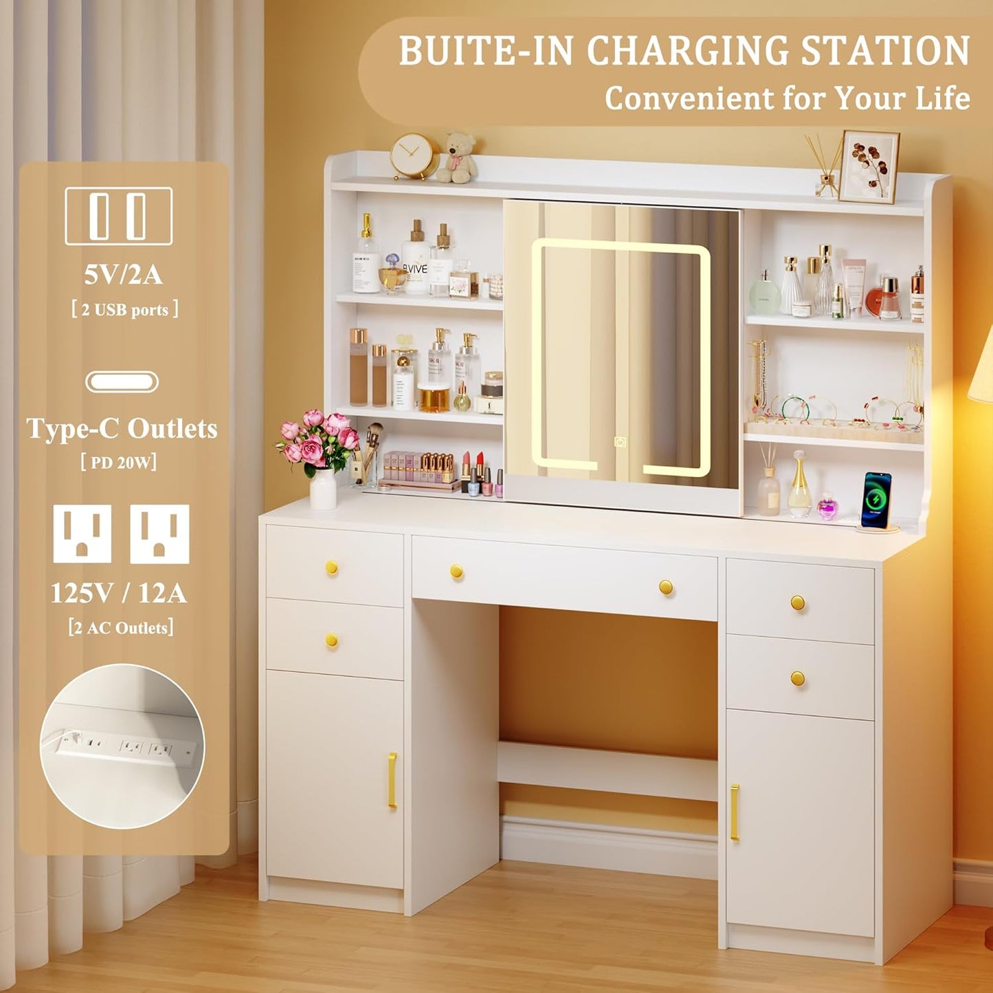 Vanity Desk with LED Lights & Sliding Mirror, Makeup Vanity with Lights, Power Outlet, White Vanity Desk with 5 Drawers & 2 Cabinets, 6 Storage Shelves for Bedroom