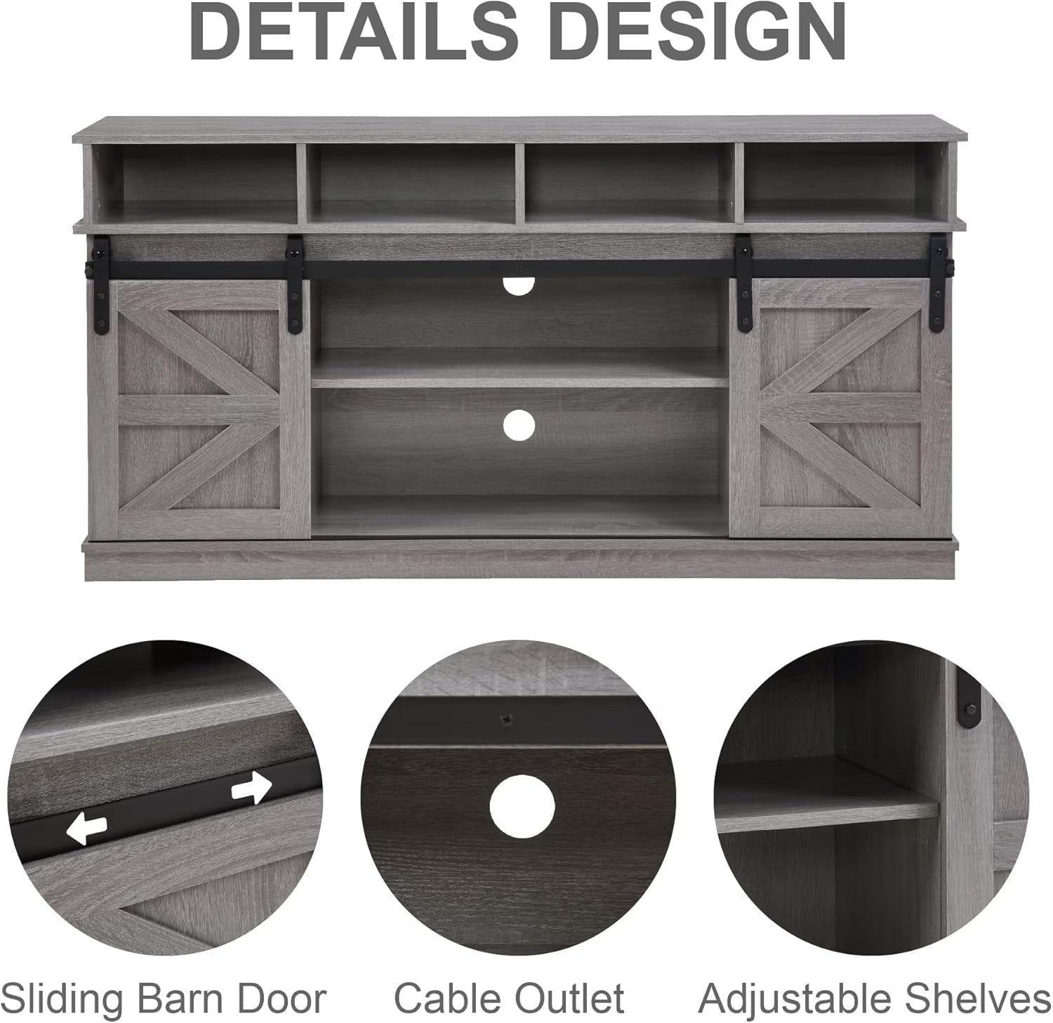 58" TV Stand, Modern & Farmhouse Wood Entertainment Center for Tvs up to 65", with Sliding Barn Door, Storage Cabinet Table, Adjustable Shelves (Gray)