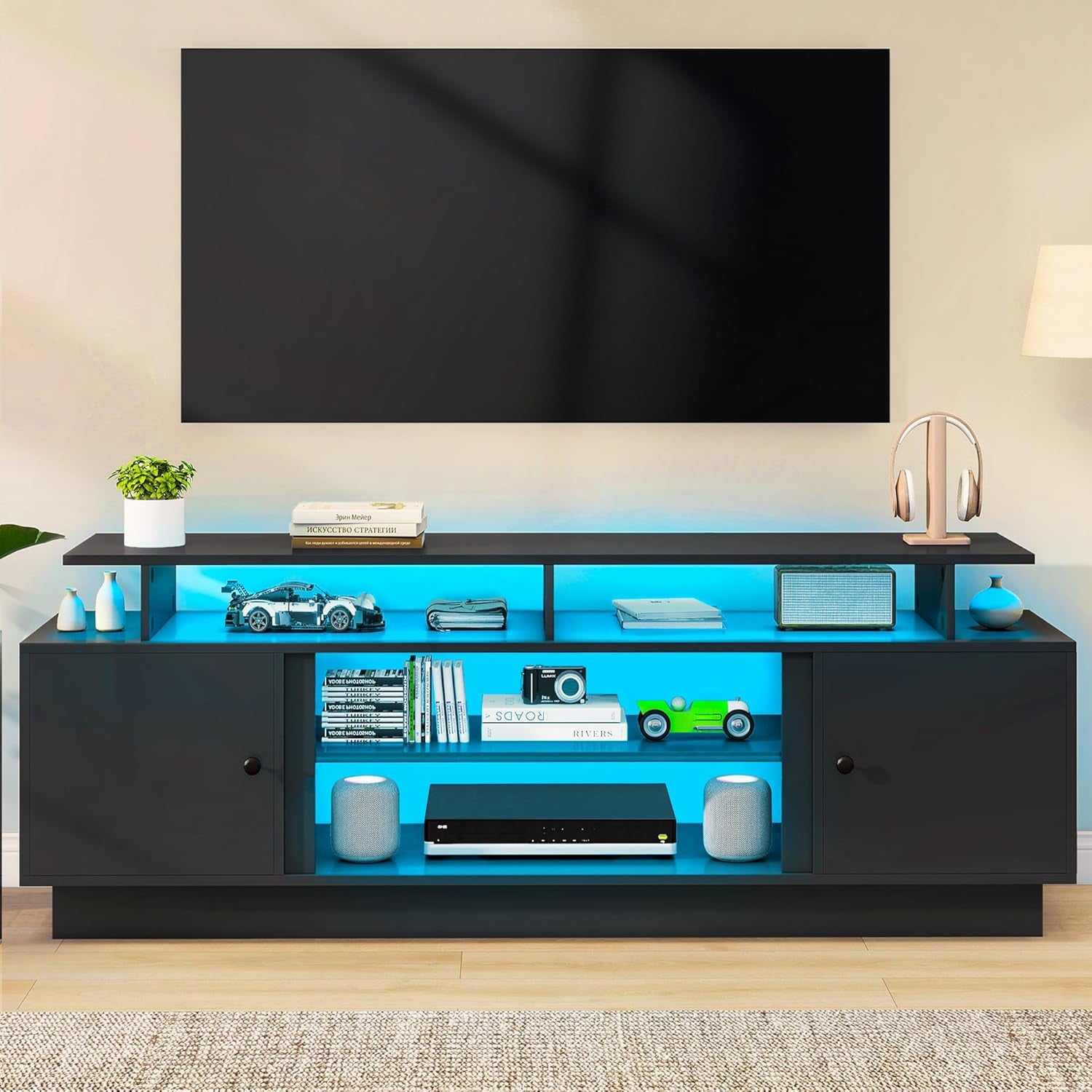 Modern TV Stand with LED Lights for up to 80 Inch Tvs, Entertainment Center with Storage Cabinets & Movable Partition for Living Room (Black)