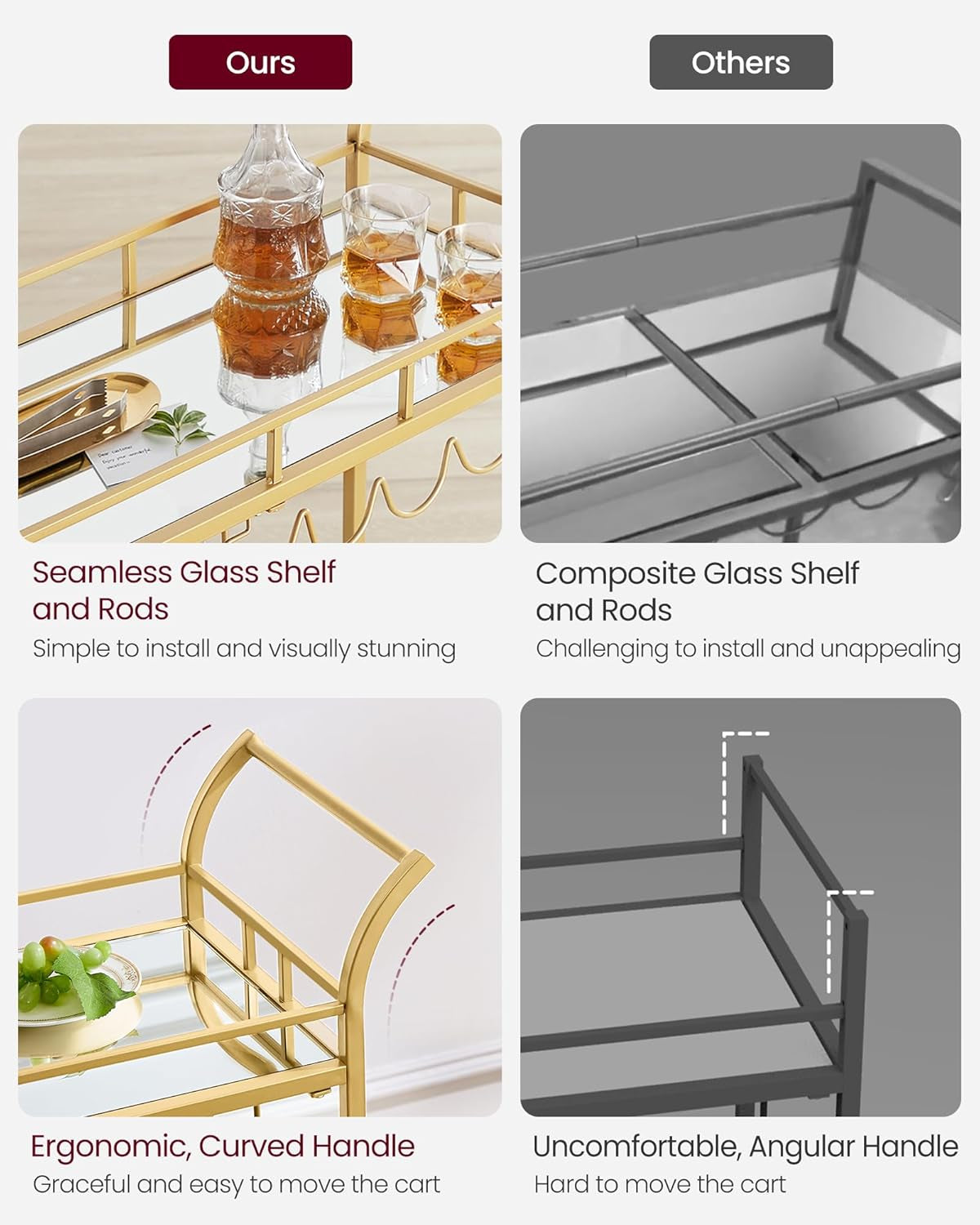 Bar Cart Gold, Home Bar Serving Cart, Wine Cart with 2 Mirrored Shelves, Wine Holders, Glass Holders, for Kitchen, Dining Room, Gold ULRC090A03