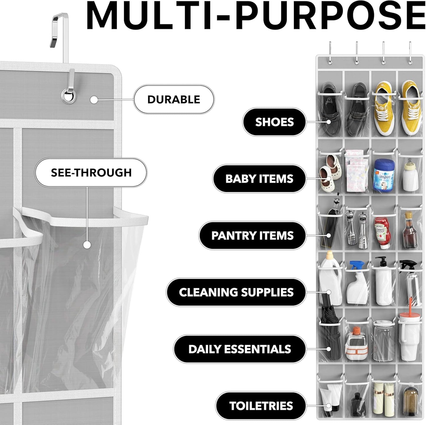 24 Pockets - Crystal Clear over the Door Hanging Shoe Organizer, Gray (64'' X 19'')