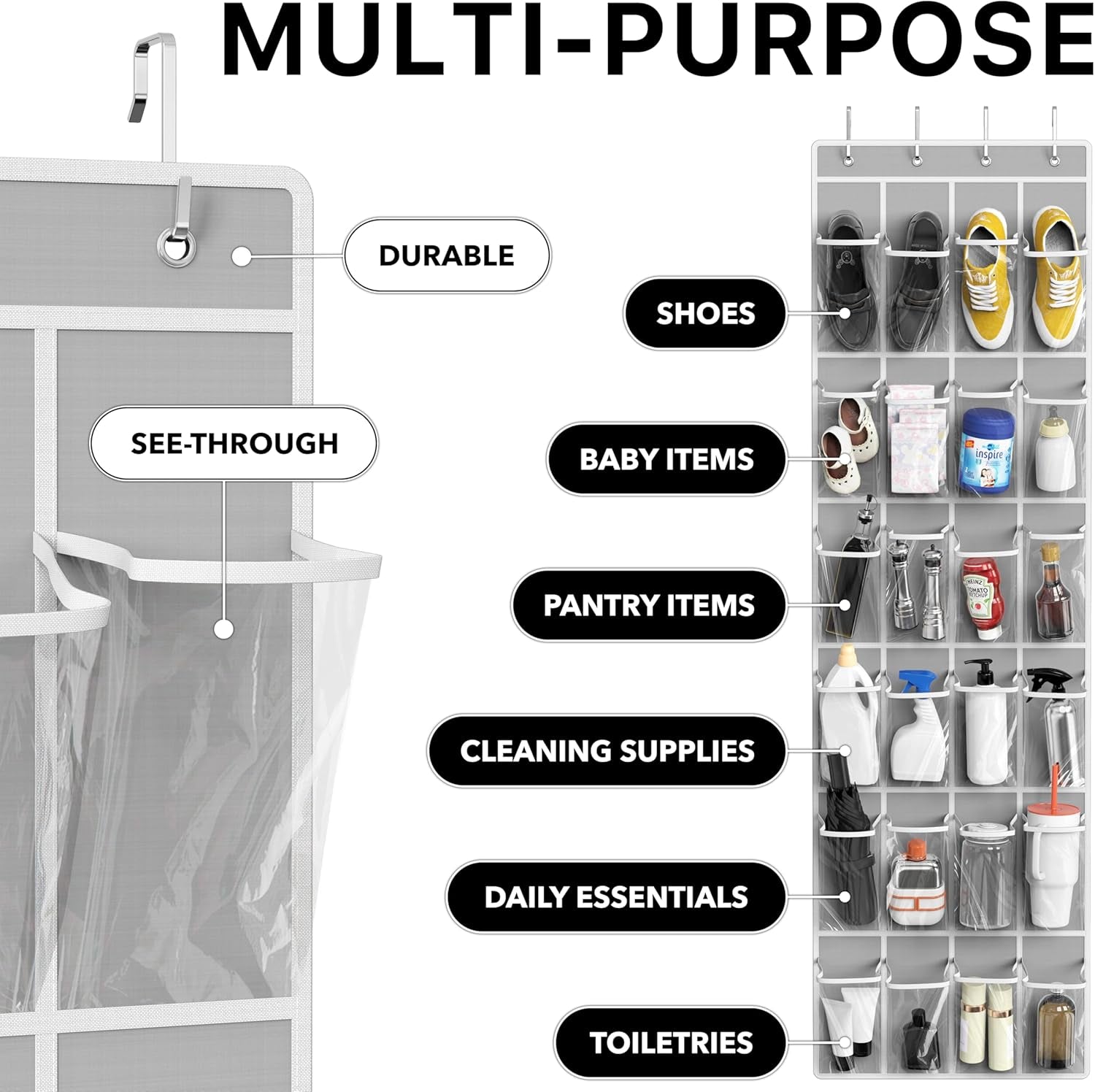 24 Pockets - Crystal Clear over the Door Hanging Shoe Organizer, Gray (64'' X 19'')