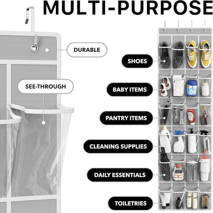 24 Pockets - Crystal Clear over the Door Hanging Shoe Organizer, Gray (64'' X 19'')