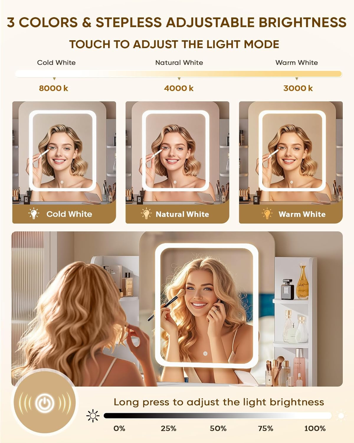 Small Makeup Vanity Desk, 29.5" W X 15.8" D X 51.2" H, White (Smart LED Mirror, Hairdryer Rack, Power-Outlet, 5 Shelves, 2 Drawers)