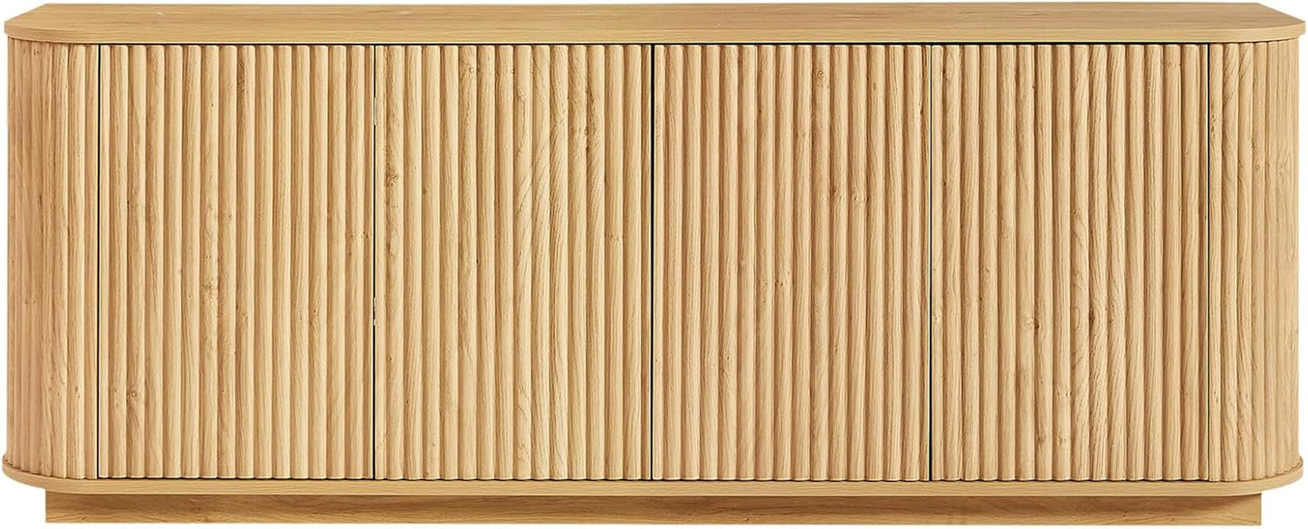 64" Sideboard Buffet Cabinet with Storage, Wooden Fluted Storage Cabinet Sideboard with Adjustable Shelves Pressed Spring for Kitchen Living Room (Natural Oak)