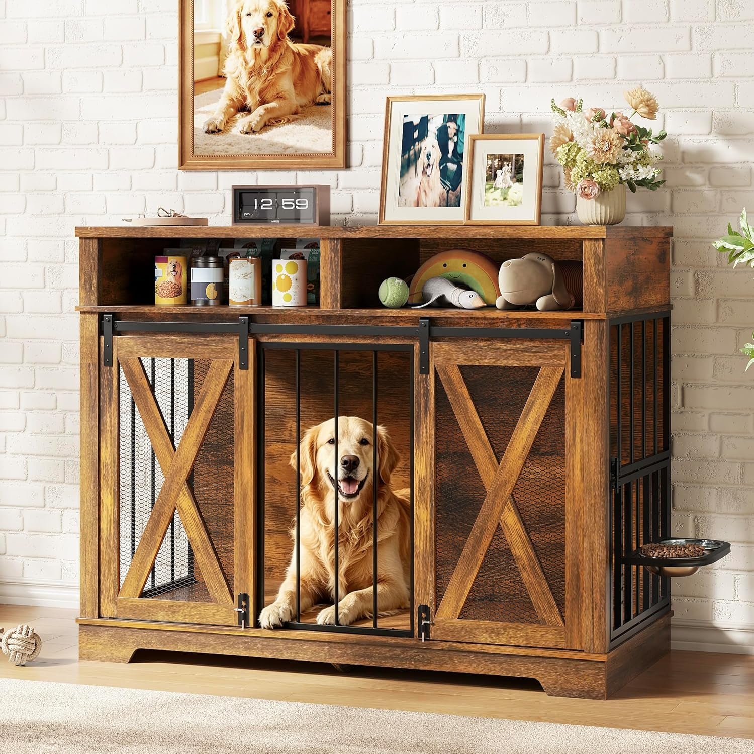 47" Large Dog Crate, Wooden Dog Kennel Furniture with Storage & Adjustable Bowl & Sliding Barn Door, Heavy Duty Dog Crates for Large Dogs, Indoor Decorative Dog Cage, Brown